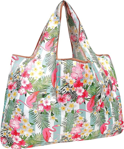 Flamingos & Tropical Flowers Large Foldable Reusable Nylon Bag