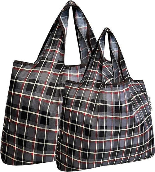 Black Plaid Small & Large Foldable Nylon Tote Reusable Bags