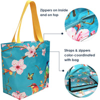 Ripstop Polyester Zipper Tote, Cherry Blossom & Birds