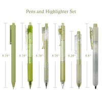 Green Retractable Gel Pens Black Ink & Highlighter (set of 6)