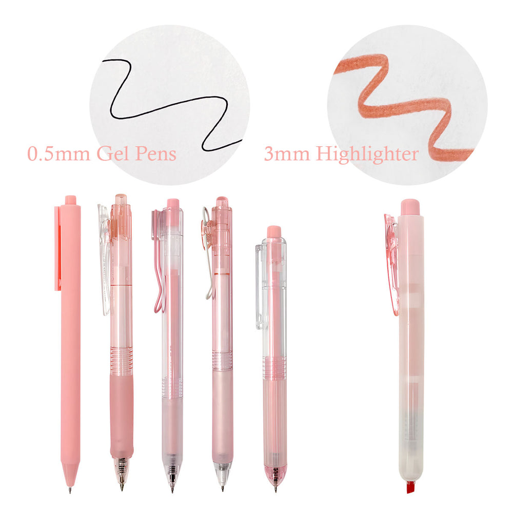 Pink Retractable Gel Pens Black Ink & Highlighter (set of 6)