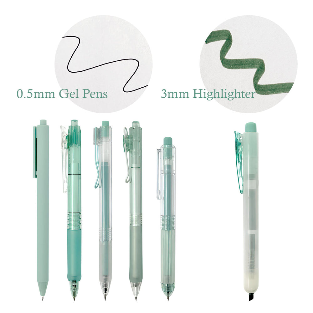 Teal Retractable Gel Pens Black Ink & Highlighter (set of 6)