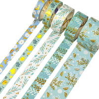 Blue Green Bloom & Gold Foil Washi Tape Set (10 rolls)