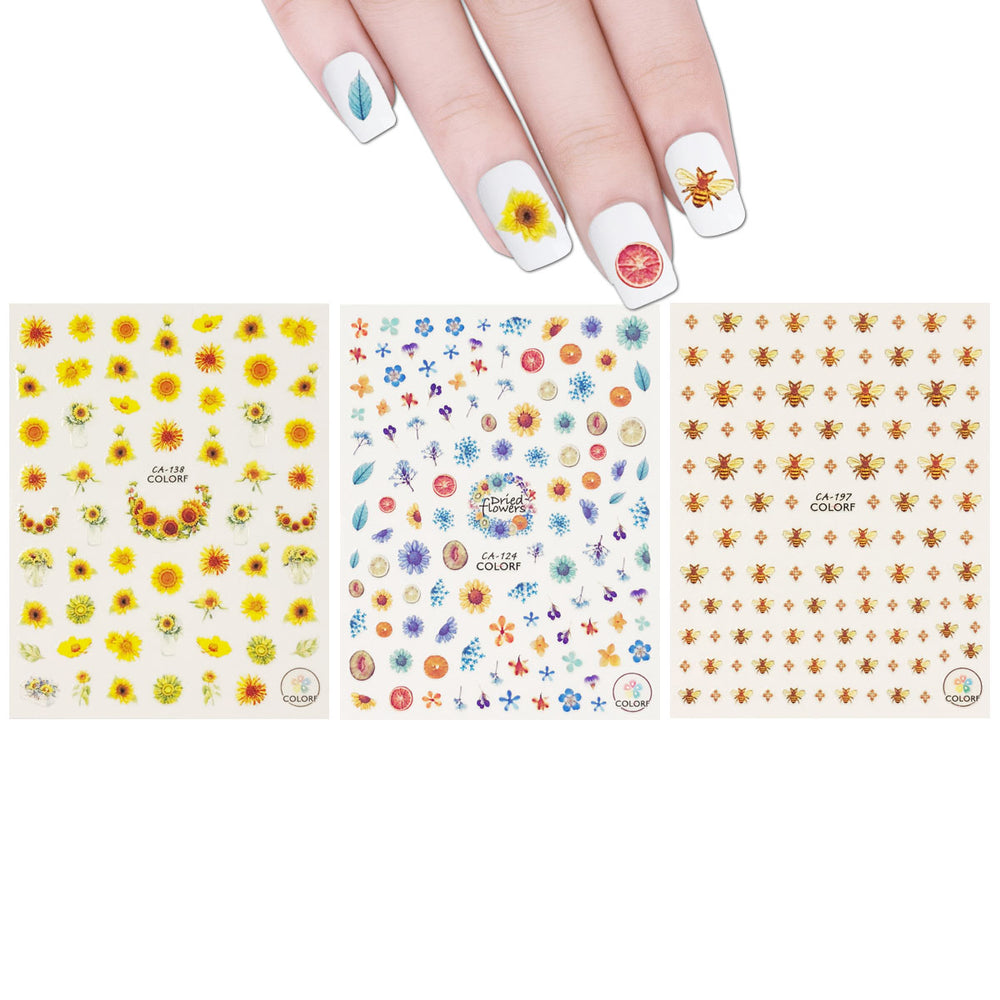 Buzzing Nature Nail Art Bees & Sunflowers Nail Stickers (3 sheets)