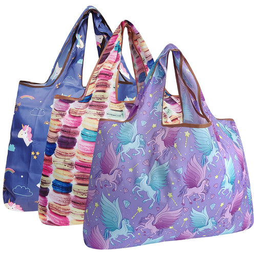 Unicorns & Pegasus Large Foldable Nylon Reusable Tote Grocery Bags (set of 3)