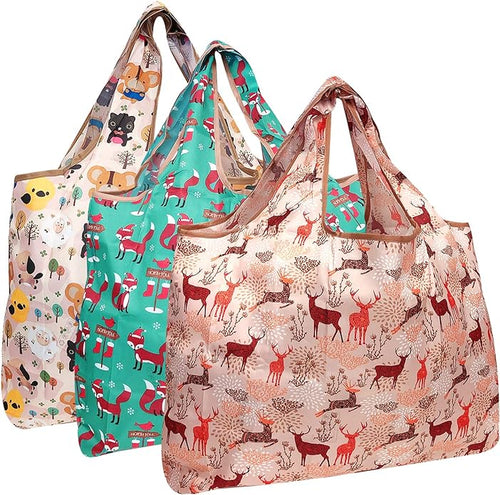 Holiday Animals Large Foldable Reusable Nylon Bags (set of 3)