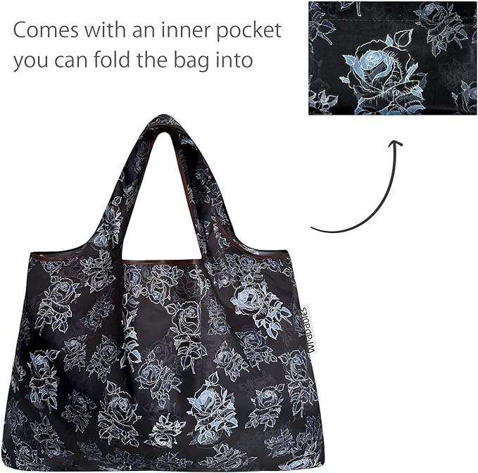 Black Rose Small & Large Foldable Nylon Tote Reusable Bags