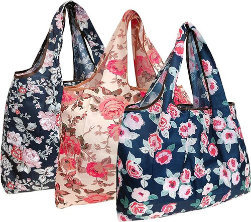 Lovely Flowers Large Foldable Reusable Nylon Bags (set of 3)