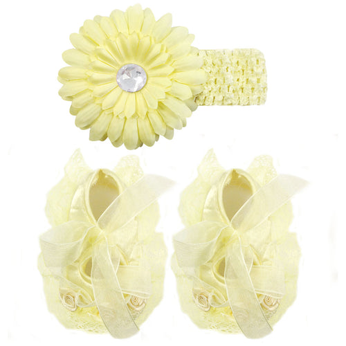 Floral and Lace Princess Shoes and Headband Set, Children's Hair Accessories, Yellow, Size 10