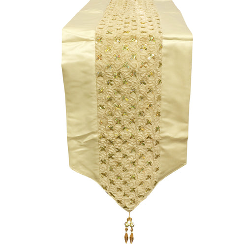 94 x 12 Inch Champagne Sequined Table Runner with Tassels