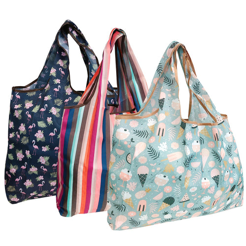 Flamingo Party Large Foldable Reusable Nylon Bags (set of 3)