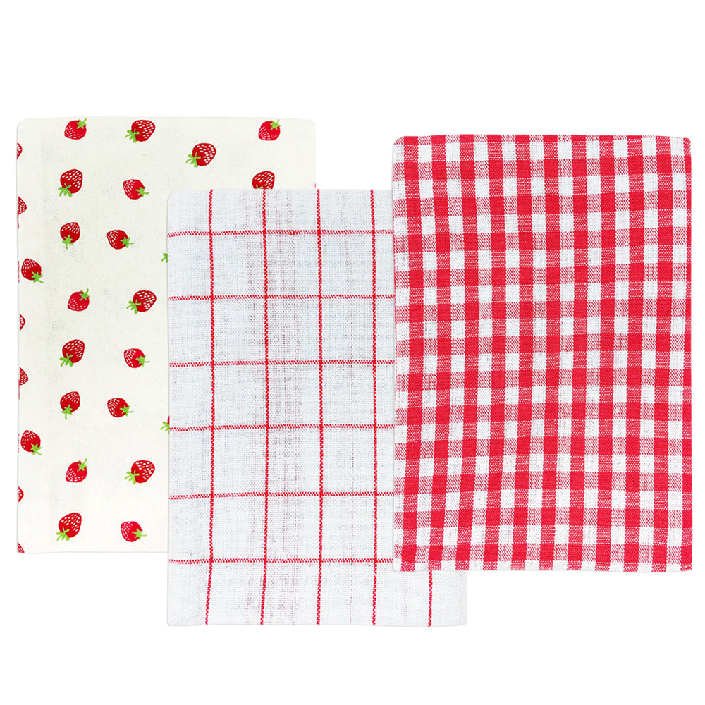 100% Cotton Kitchen Dish Towels (Set of 3), Red Strawberries