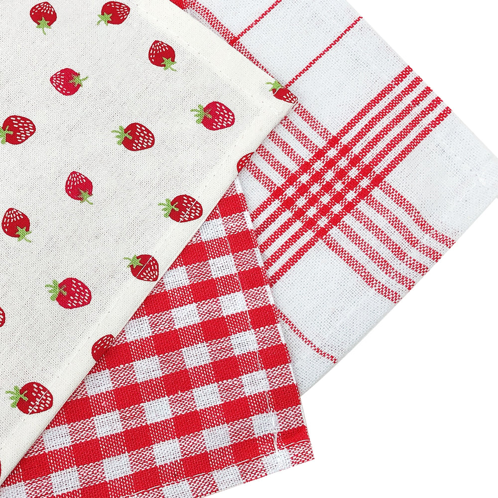 100% Cotton Kitchen Dish Towels (Set of 3), Red Strawberries