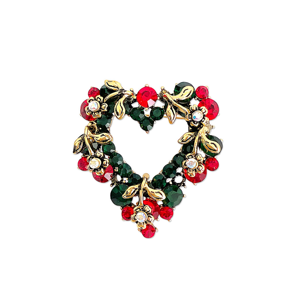 Christmas Crystal Rhinestone Brooch Pin, Heart Wreath