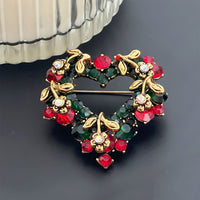 Christmas Crystal Rhinestone Brooch Pin, Heart Wreath