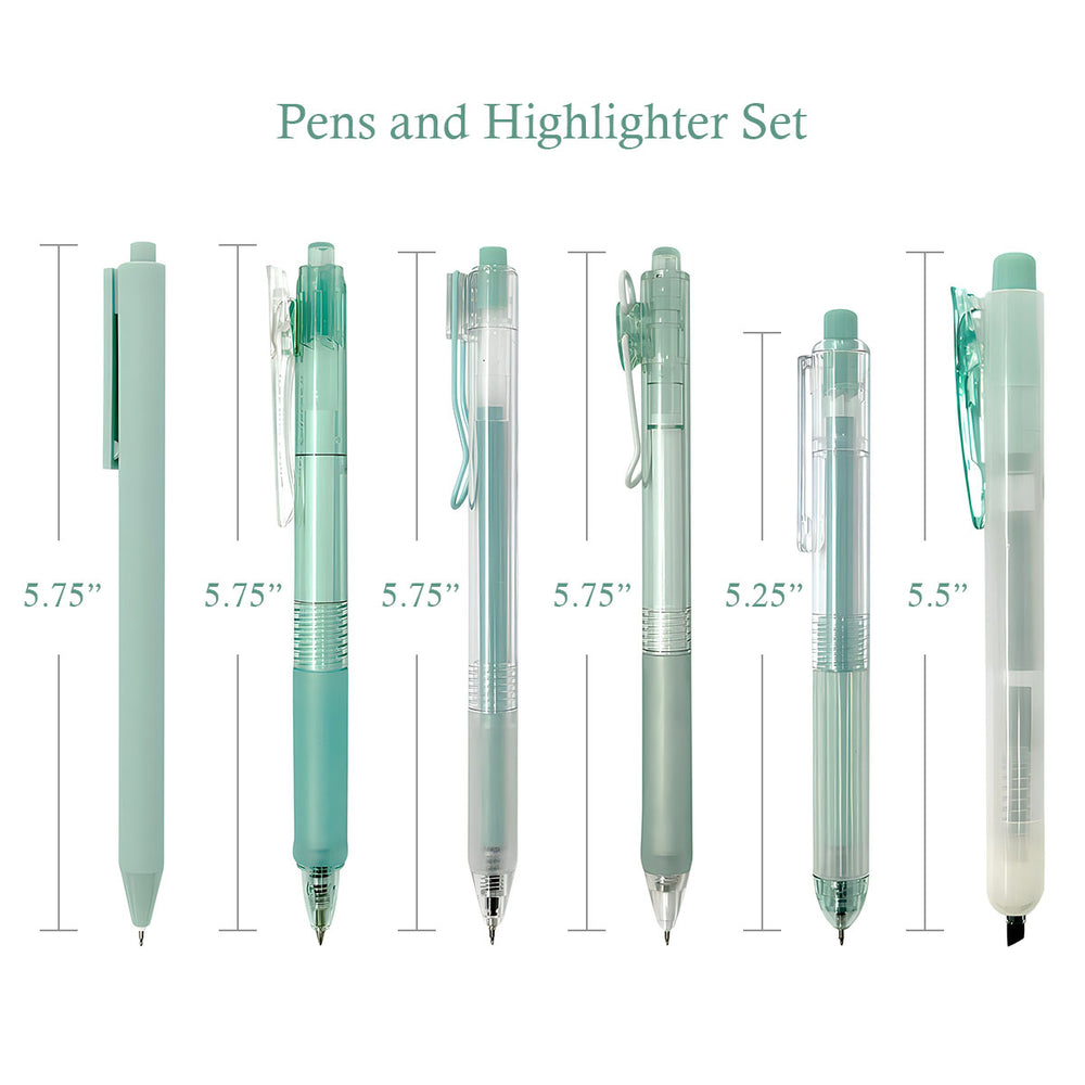 Teal Retractable Gel Pens Black Ink & Highlighter (set of 6)