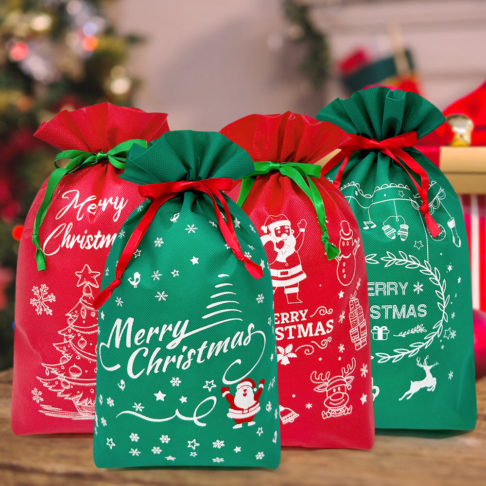 Christmas Non-Woven Red & Green Drawstring Gift Bags (set of 8)