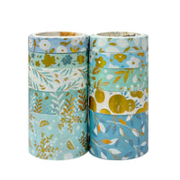 Blue Green Bloom & Gold Foil Washi Tape Set (10 rolls)
