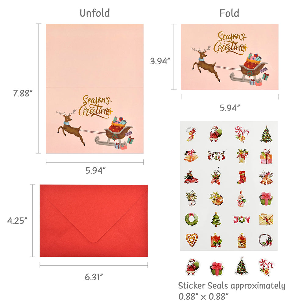 Blank Gold Foil Christmas Greeting Cards with Envelopes & Stickers for Holidays, Friends, Family (Set of 24)