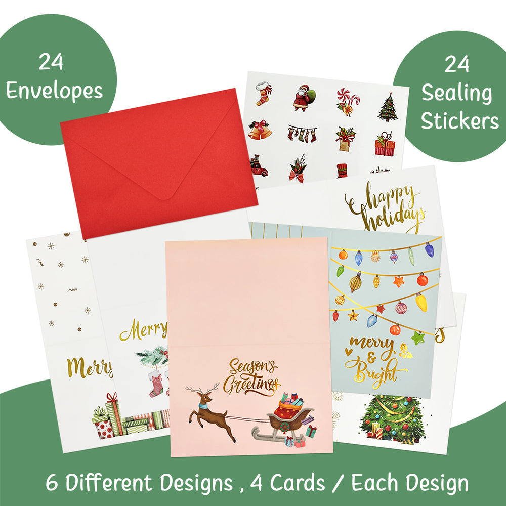 Blank Gold Foil Christmas Greeting Cards with Envelopes & Stickers for Holidays, Friends, Family (Set of 24)