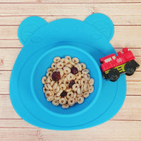 Silicone Placemat + Suction Food Bowl for Baby, Blue Bear