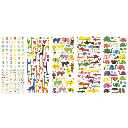 3D Puffy Adhesive Stickers Puffy Stickers for Crafts & Scrapbooking (5 Sheets) - Letters, Numbers, Elephants, Cats, Giraffes, Dogs