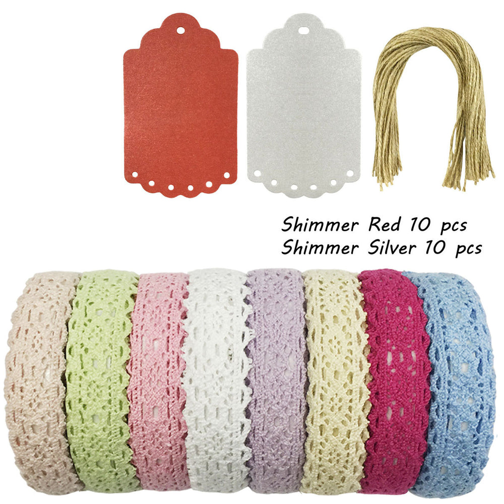Lace Fabric Tapes & Shimmer Gift Tags Kit (set of 8)