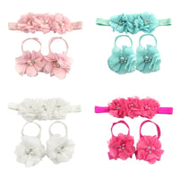 Baby Girl Barefoot Flower Sandals & Headbands Children's Hair Accessory (set of 4)